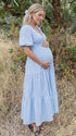 Blue v neck maternity maxi dress for baby shower, gender reveal and maternity photoshoot.