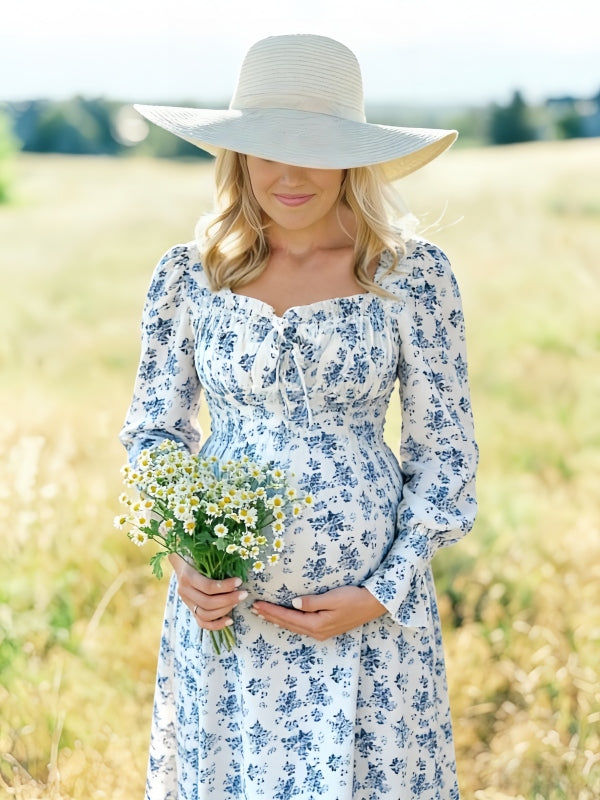 Blue boho maternity dress with A-line ,long bell sleeves, square neckline details for baby shower  outfit and maternity photoshoot and casualwear.