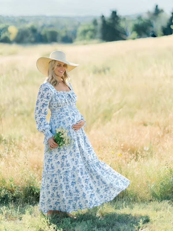 Blue boho maternity dress with A-line ,long bell sleeves, square neckline details for baby shower  outfit and maternity photoshoot