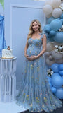 Blue floral embroidered maternity maxi gown for baby shower outfits and gender reveal 