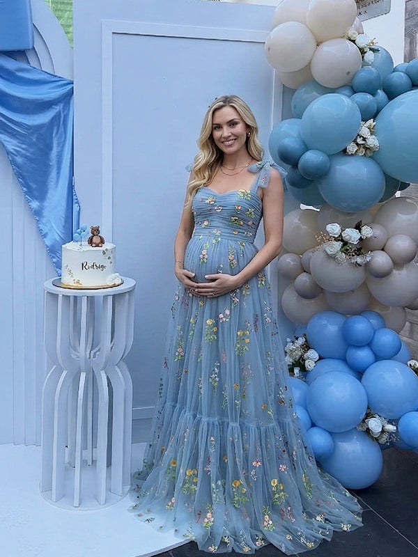 Blue Floral Tulle Maternity Maxi Dress for Baby Shower & Boho