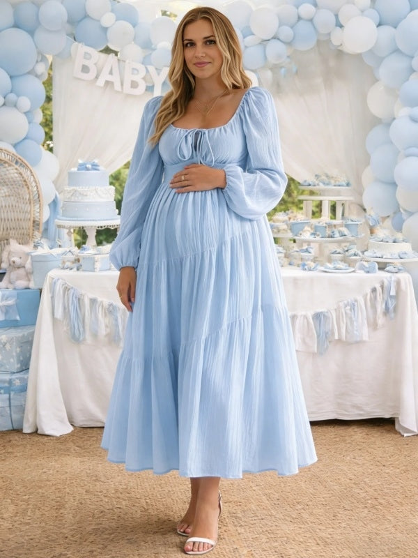 baby shower a-line dress Momyknows Elegant Pink Flare Sleeve Tulle A-Line Flowy Baby Shower Maternity Maxi Dress, Pink / 2XL