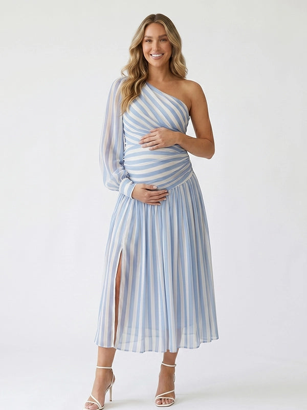 Blue&White Striped One Shoulder Ruched Side Slit Maternity Maxi Gown