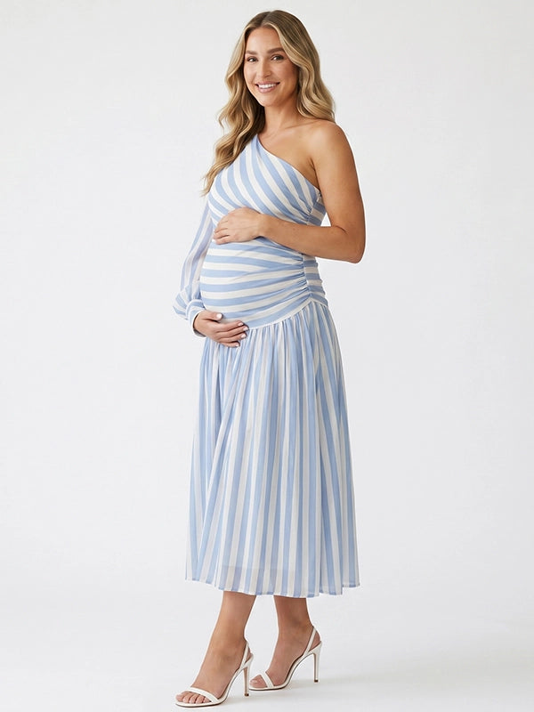 Blue&White Striped One Shoulder Ruched Side Slit Maternity Maxi Gown
