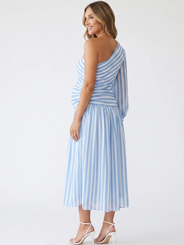 Blue&White Striped One Shoulder Ruched Side Slit Maternity Maxi Gown