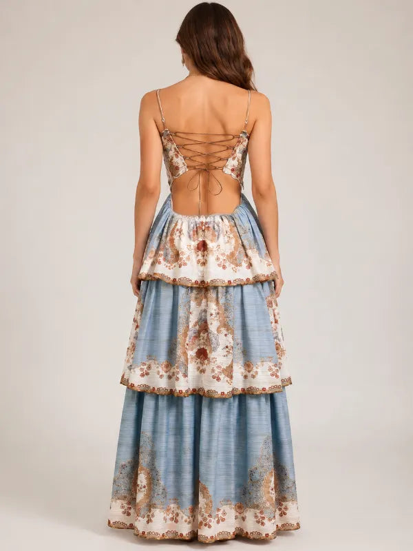 Blue embroidered maternity photoshoot maxi dress for baby shower