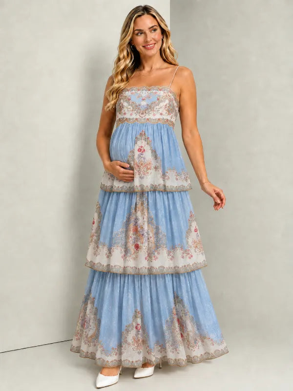 Blue embroidered maternity photoshoot maxi dress for baby shower