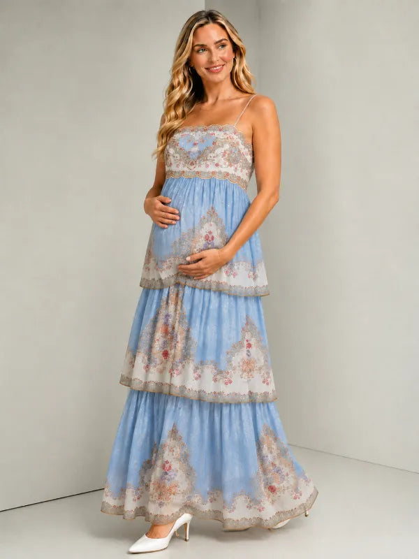 Blue embroidered maternity photoshoot maxi dress for baby shower