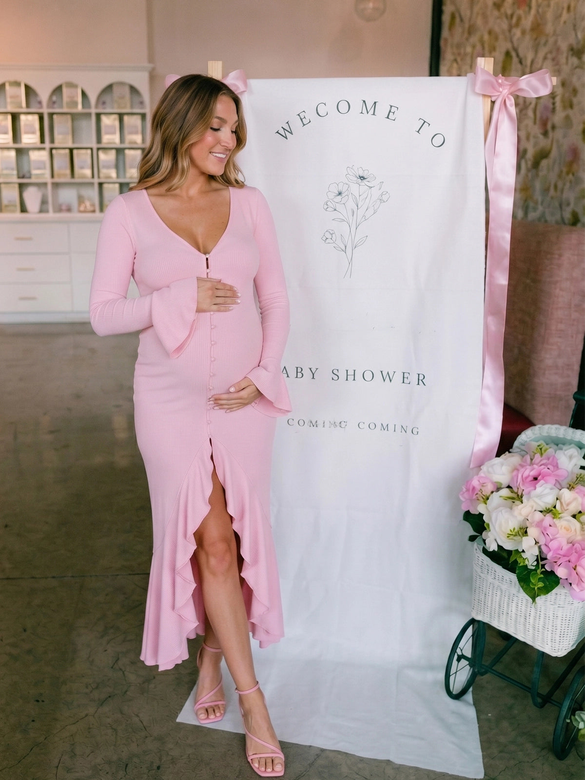 Blush Pink Button-Down Flared Long Sleeve Maternity Dress
