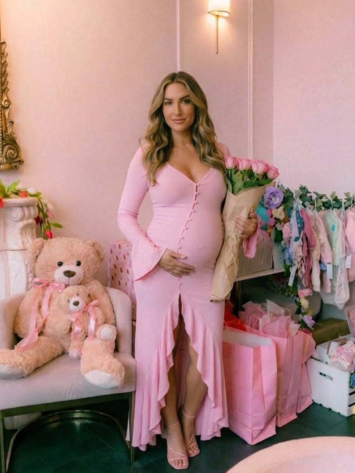 Blush Pink Button-Down Flared Long Sleeve Maternity Dress