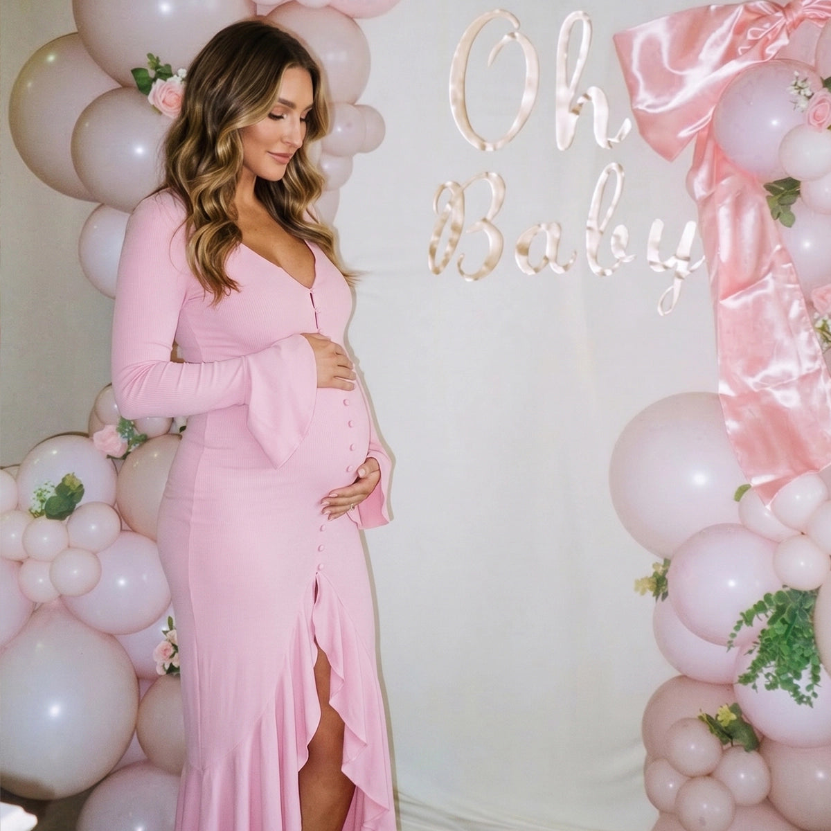 Blush Pink Button-Down Flared Long Sleeve Maternity Dress