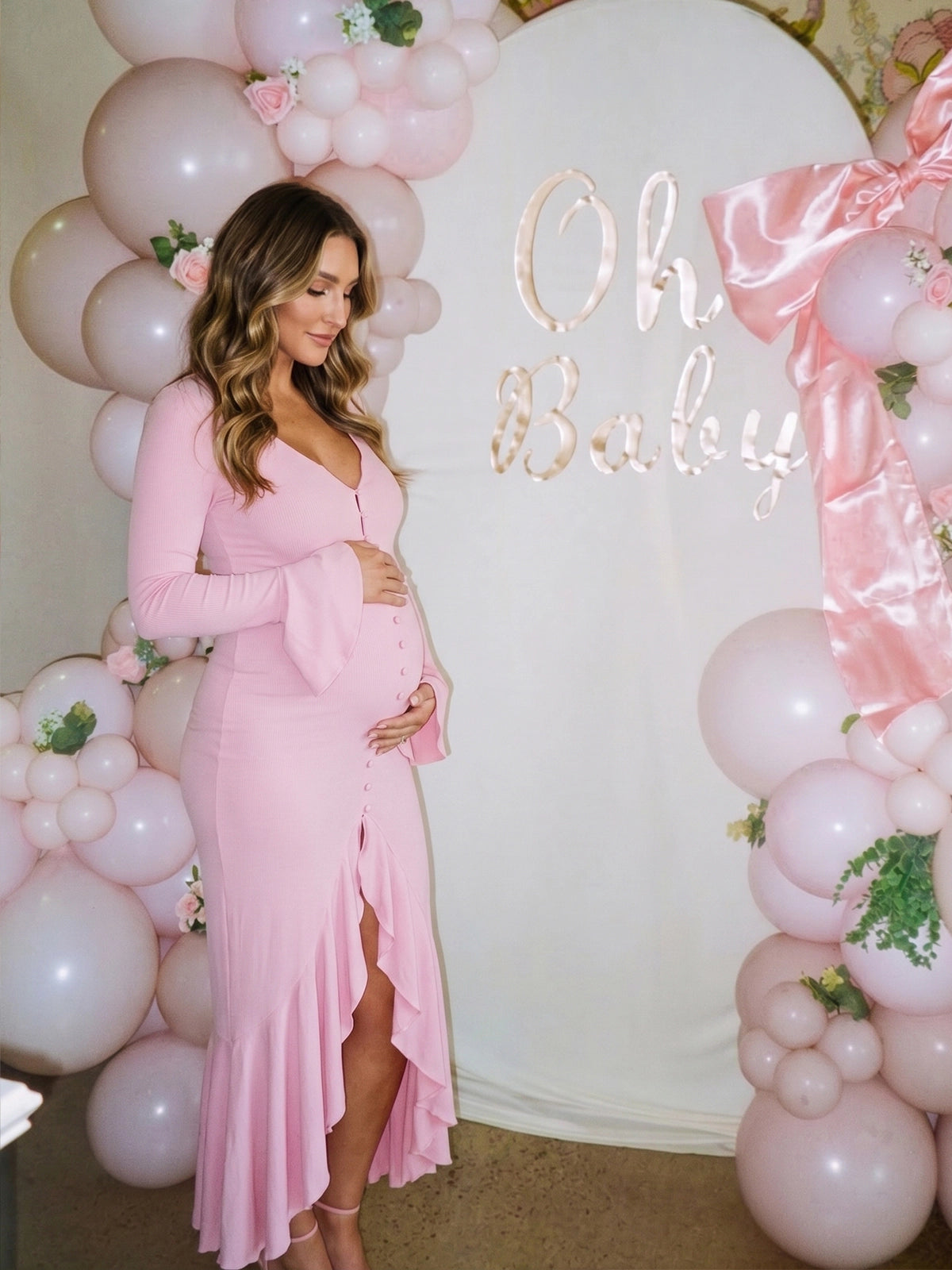 Blush Pink Button-Down Flared Long Sleeve Maternity Dress