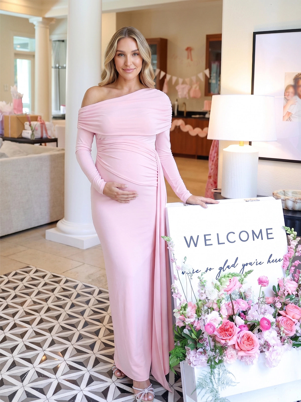 Blush Pink Draped Off Shoulder Long Sleeve Maternity Dress