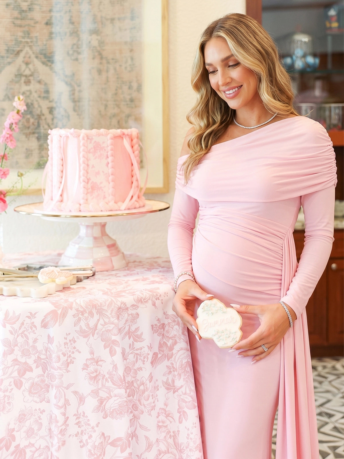 Blush Pink Draped Off Shoulder Long Sleeve Maternity Dress