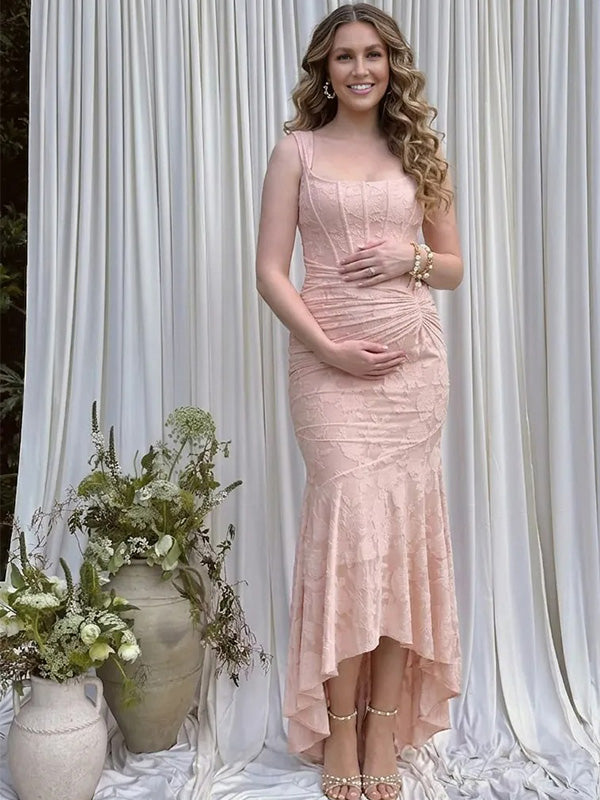 Blush Pink Floral Corset High-Low Mermaid Maternity Maxi Gown