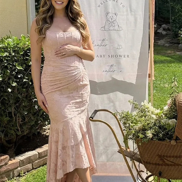 Blush Pink Floral Corset High-Low Mermaid Maternity Maxi Gown