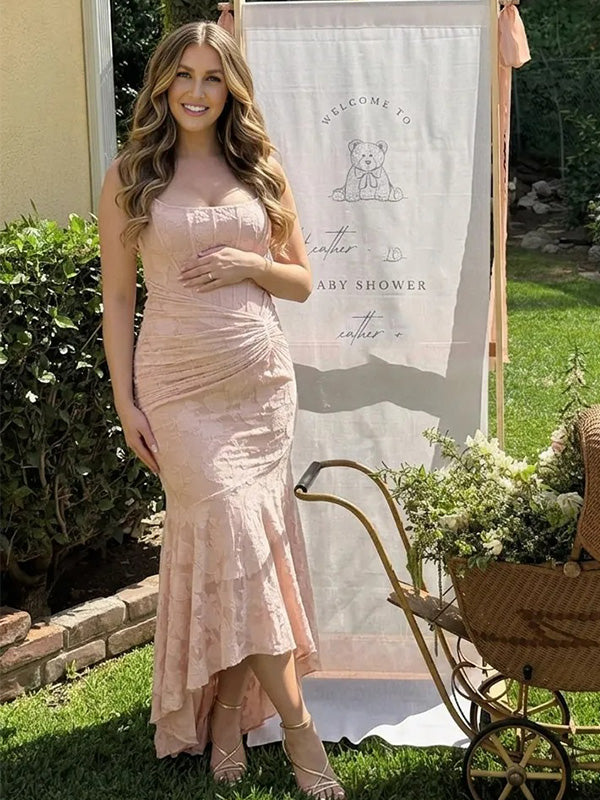 Blush Pink Floral Corset High-Low Mermaid Maternity Maxi Gown