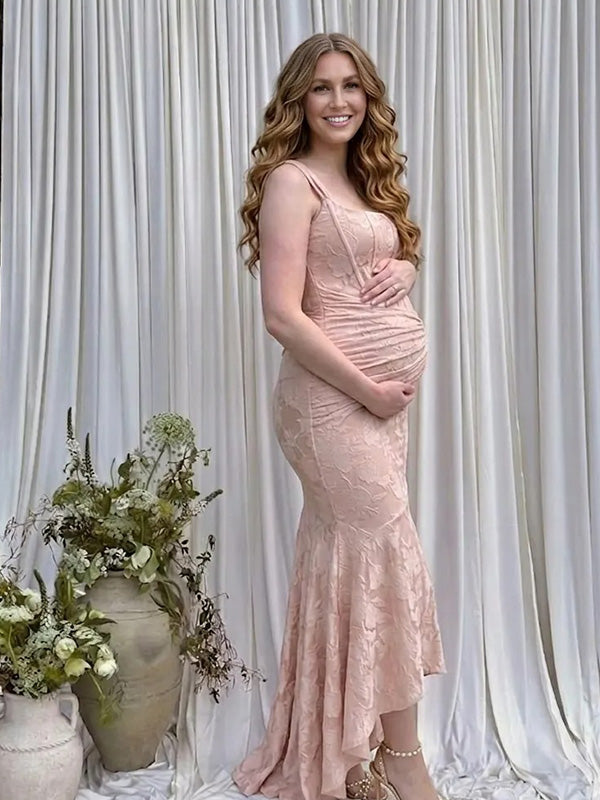 Blush Pink Floral Corset High-Low Mermaid Maternity Maxi Gown