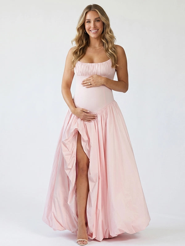 Blush Pink Halter Corset Maternity Ball Gown with High Slit