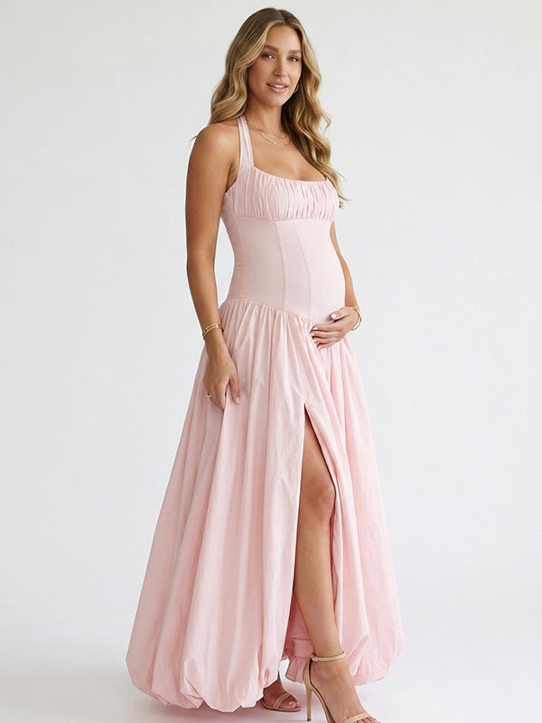 Blush Pink Halter Corset Maternity Ball Gown with High Slit
