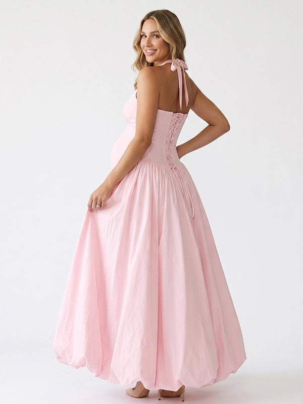 Blush Pink Halter Corset Maternity Ball Gown with High Slit