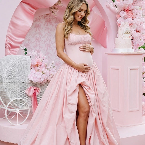 Blush Pink Halter Corset Maternity Ball Gown with High Slit