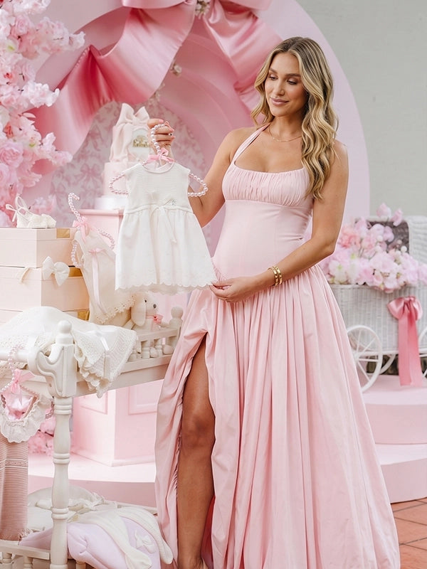 Blush Pink Halter Corset Maternity Ball Gown with High Slit