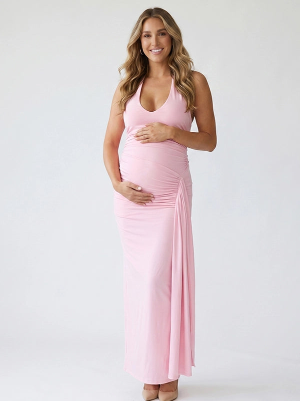 Blush Pink Halter Neck Ruched Draped Maternity Maxi Dress