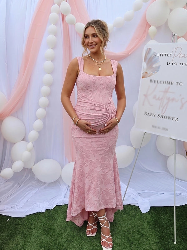 Blush Pink Jacquard Maternity Midi Dress – Corset Pregnancy Dress with Ruched Detail & High Low Hem