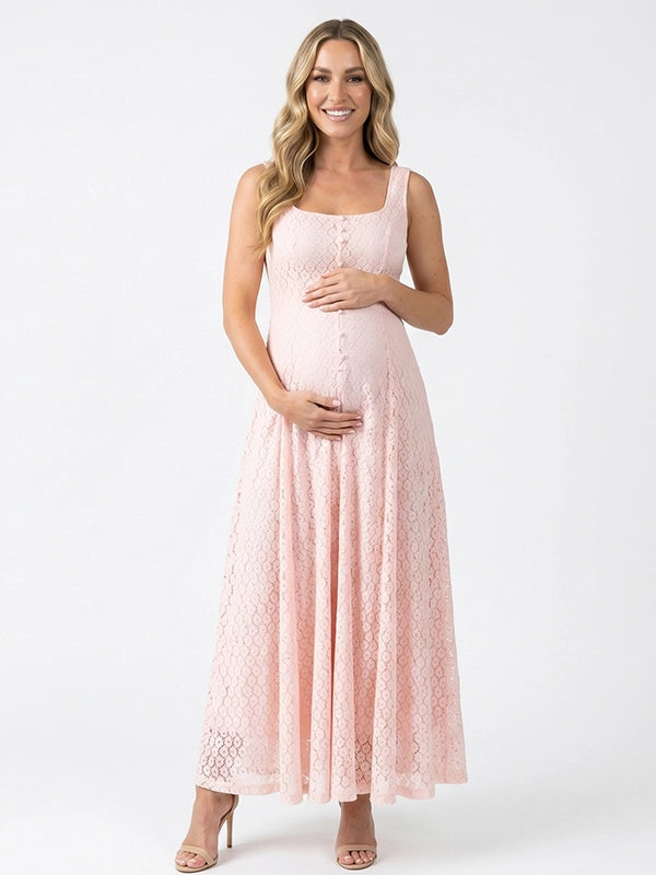 Blush Pink Lace Button-Front Belt A-line Tank Maternity Maxi Dress