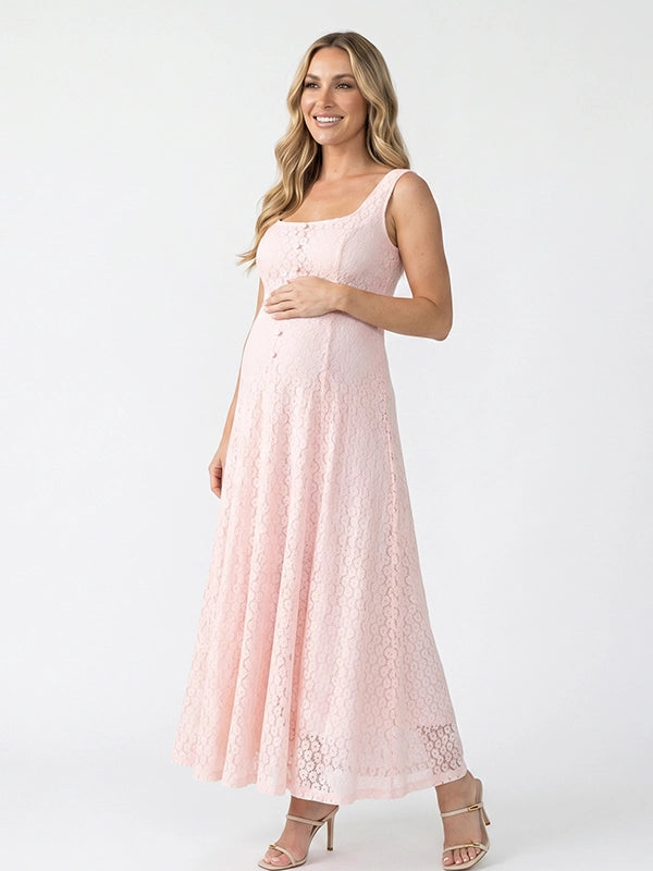 Blush Pink Lace Button-Front Belt A-line Tank Maternity Maxi Dress