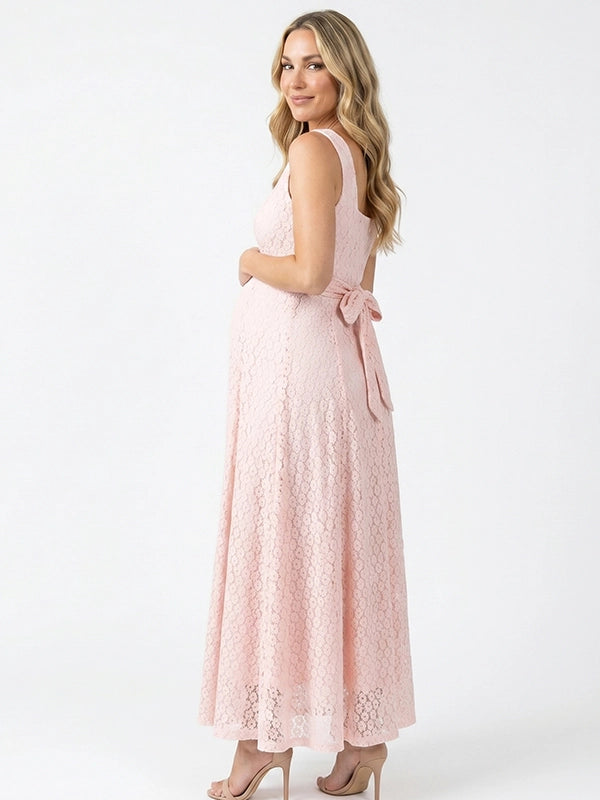 Blush Pink Lace Button-Front Belt A-line Tank Maternity Maxi Dress