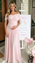 Blush Pink Off-Shoulder Maternity Maxi Dress – Elastic Ruched Bodice, Flowy Chiffon Gown for Baby Shower & Photoshoot