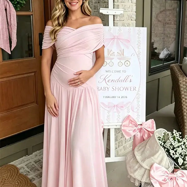 Blush Pink Off-Shoulder Maternity Maxi Dress – Elastic Ruched Bodice, Flowy Chiffon Gown for Baby Shower & Photoshoot