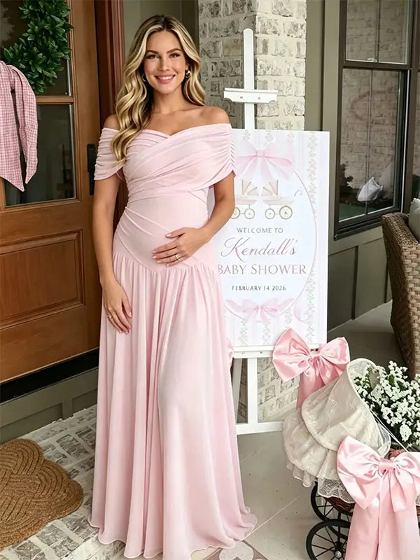 Blush Pink Off-Shoulder Maternity Maxi Dress – Elastic Ruched Bodice, Flowy Chiffon Gown for Baby Shower & Photoshoot