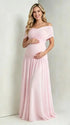 Blush Pink Off-Shoulder Maternity Maxi Dress – Elastic Ruched Bodice, Flowy Chiffon Gown for Baby Shower & Photoshoot