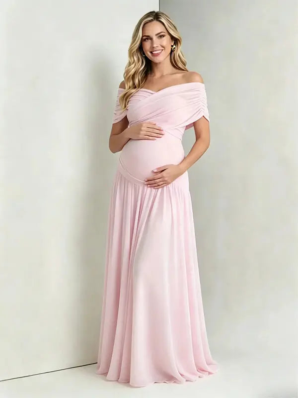 Blush Pink Off-Shoulder Maternity Maxi Dress – Elastic Ruched Bodice, Flowy Chiffon Gown for Baby Shower & Photoshoot