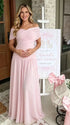 Blush Pink Off-Shoulder Maternity Maxi Dress – Elastic Ruched Bodice, Flowy Chiffon Gown for Baby Shower & Photoshoot