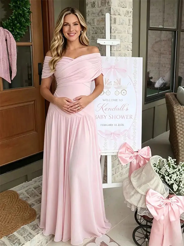 Blush Pink Off-Shoulder Maternity Maxi Dress – Elastic Ruched Bodice, Flowy Chiffon Gown for Baby Shower & Photoshoot