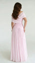 Blush Pink Off-Shoulder Maternity Maxi Dress – Elastic Ruched Bodice, Flowy Chiffon Gown for Baby Shower & Photoshoot
