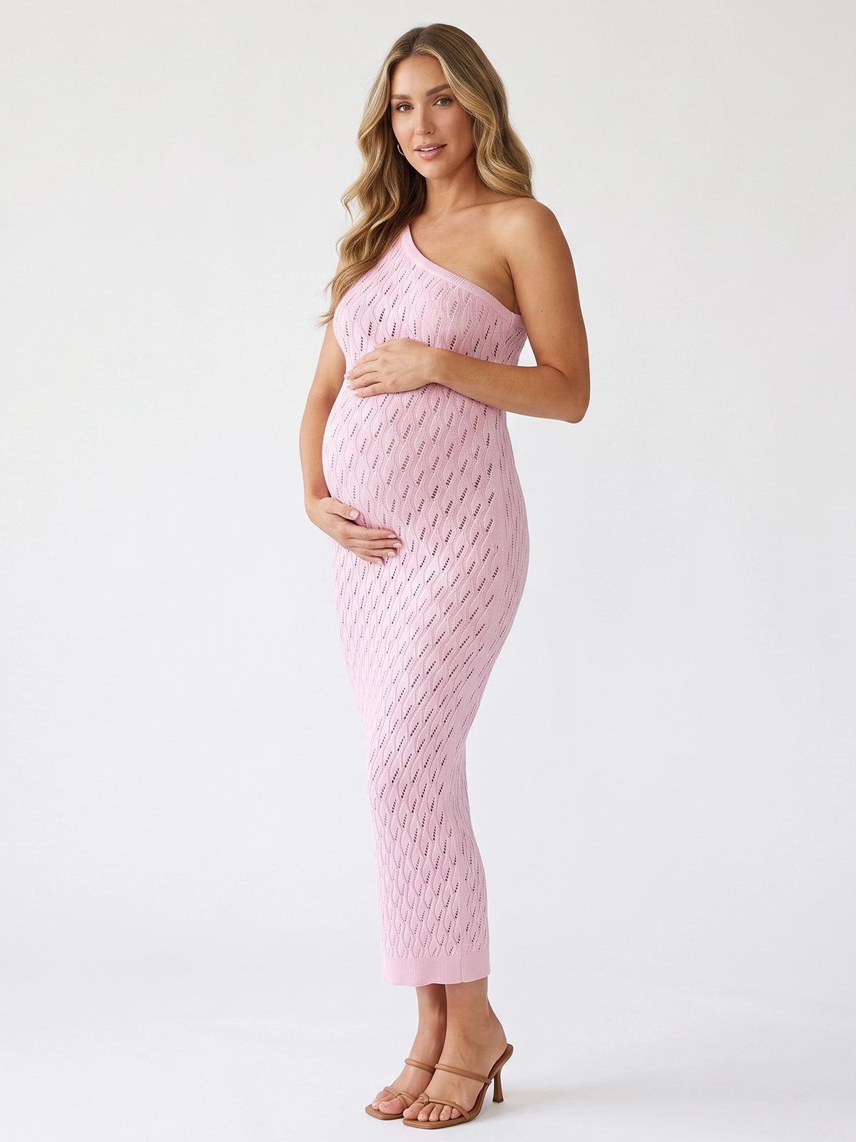 Blush Pink One Shoulder Knit Maternity Maxi Dress