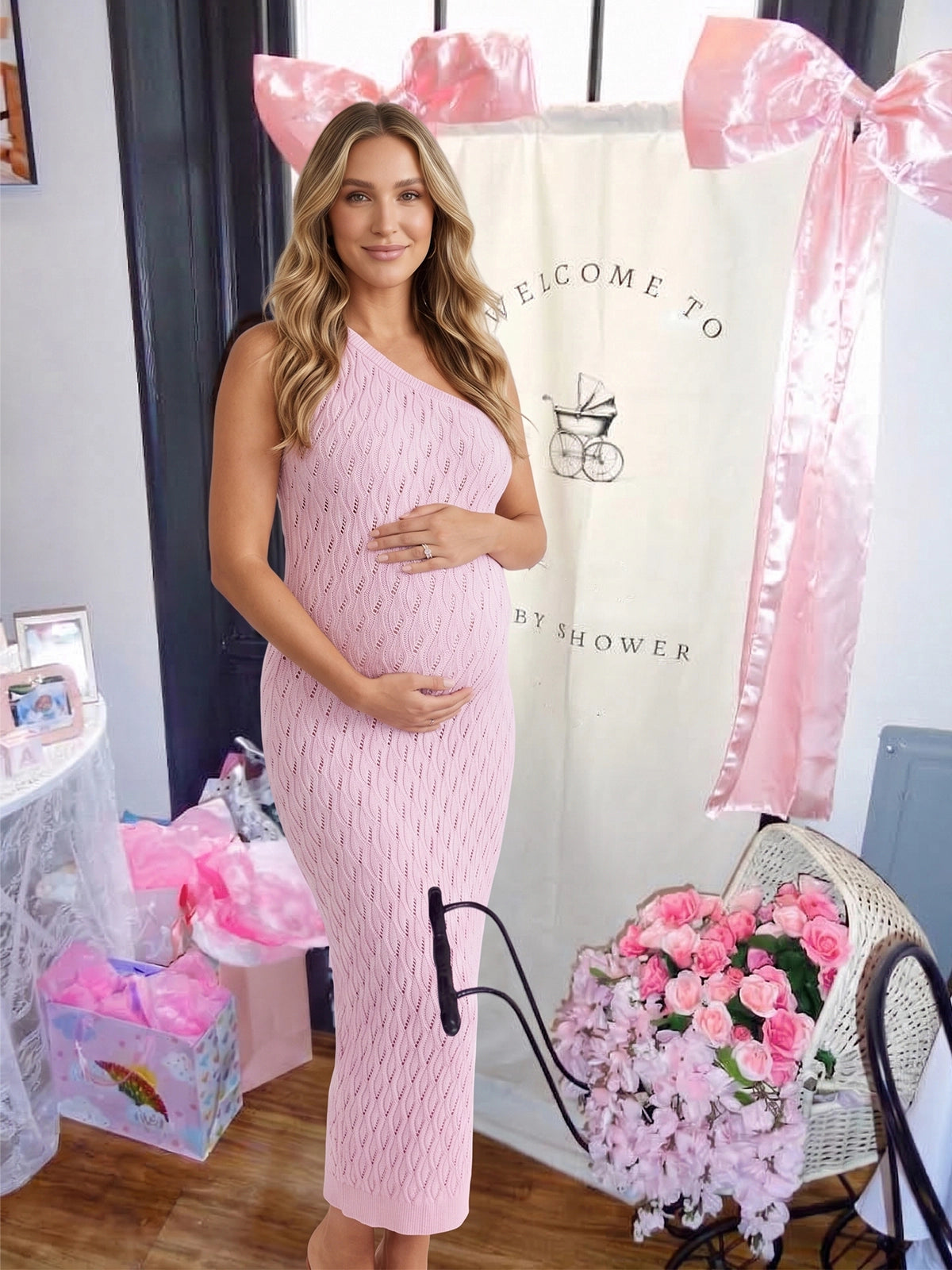 Blush Pink One Shoulder Knit Maternity Maxi Dress