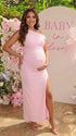 Blush Pink One-Shoulder Maternity Midi Dress – Milk Silk Bodycon Side Slit Baby Shower Dress