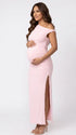 Blush Pink One-Shoulder Maternity Midi Dress – Milk Silk Bodycon Side Slit Baby Shower Dress