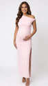 Blush Pink One-Shoulder Maternity Midi Dress – Milk Silk Bodycon Side Slit Baby Shower Dress