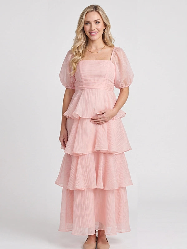 Blush Pink Puff Sleeve Tiered Maternity Maxi Gown — "Team Girl" Baby Shower Dress