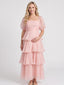 Blush Pink Puff Sleeve Tiered Maternity Maxi Gown — 