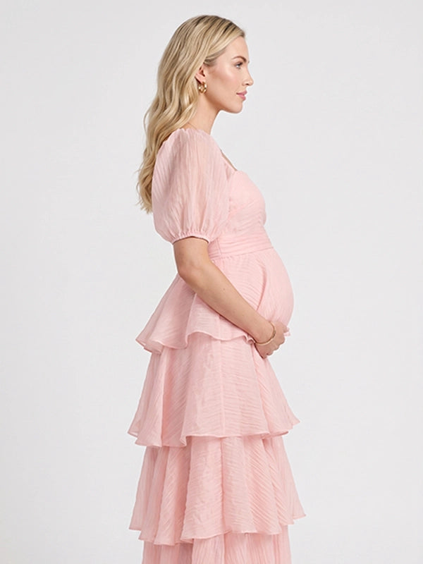Blush Pink Puff Sleeve Tiered Maternity Maxi Gown — "Team Girl" Baby Shower Dress