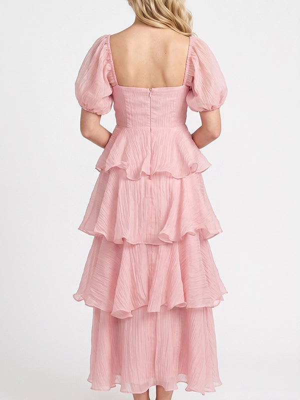 Blush Pink Puff Sleeve Tiered Maternity Maxi Gown — "Team Girl" Baby Shower Dress