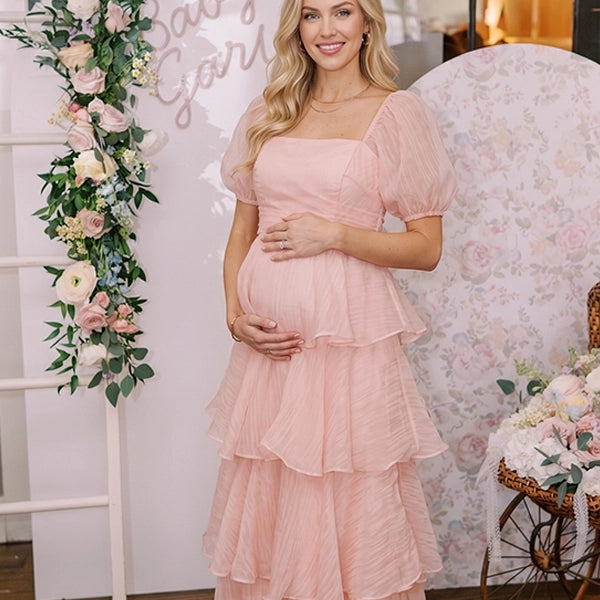 Blush Pink Puff Sleeve Tiered Maternity Maxi Gown — "Team Girl" Baby Shower Dress